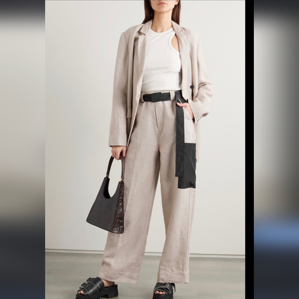 Ganni Beige and Black High Waist Wide Leg Belted Trousers